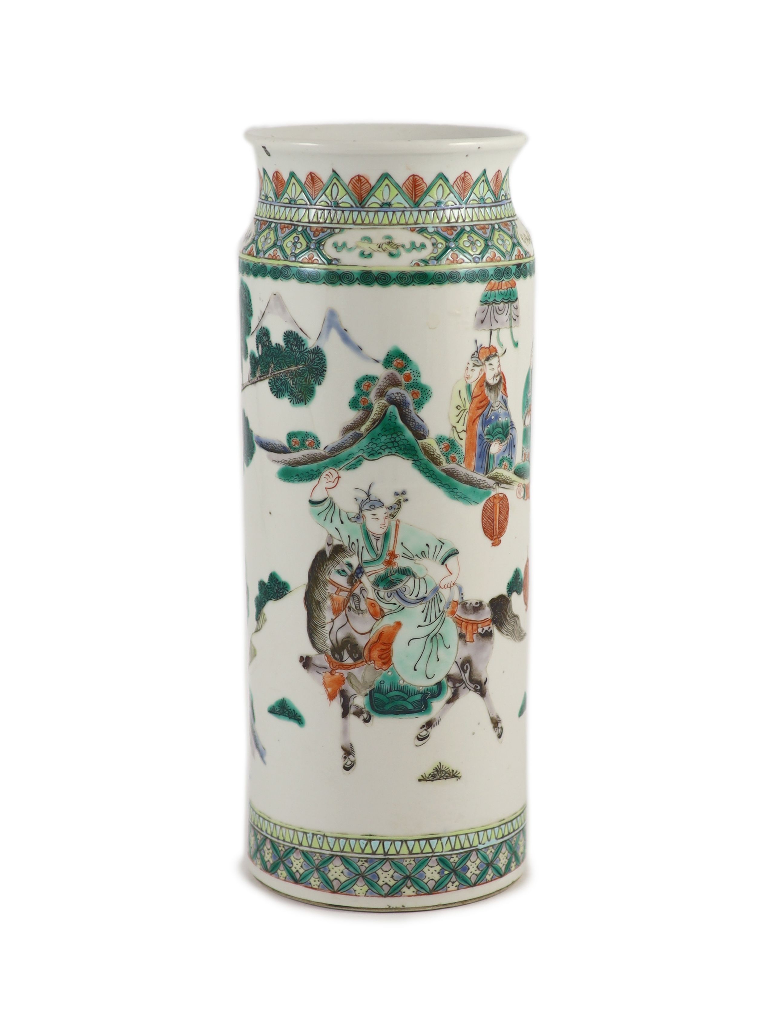 A Chinese famille verte cylindrical vase, Kangxi mark but Guangxu period, 30.5 cm high, over glazed firing cracks